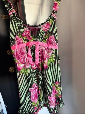 Vintage Betsy Johnson Floral Pink & Green Striped Satin Chemise Babydoll NWT Med